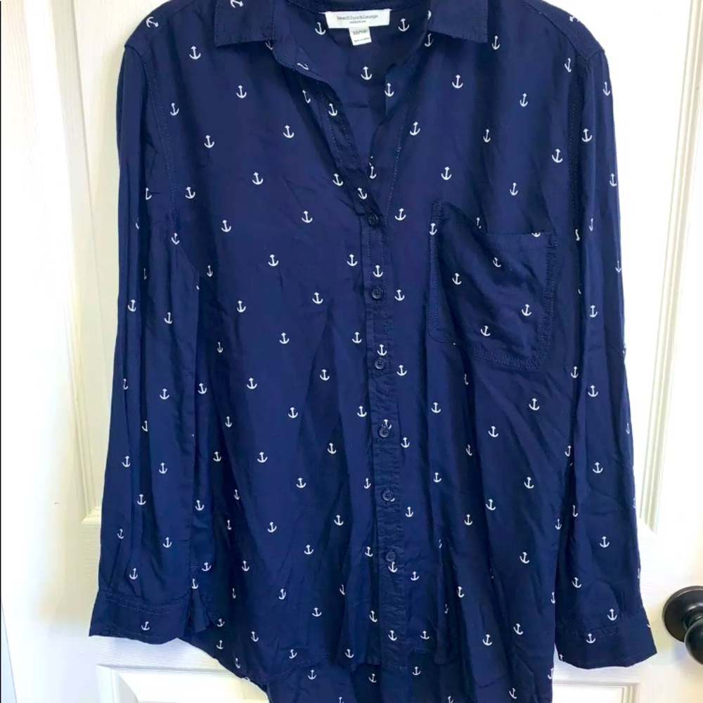 Beach Lunch Lounge Button Up Shirt Womens XS Long Sleeve Roll Up Tabs Navy